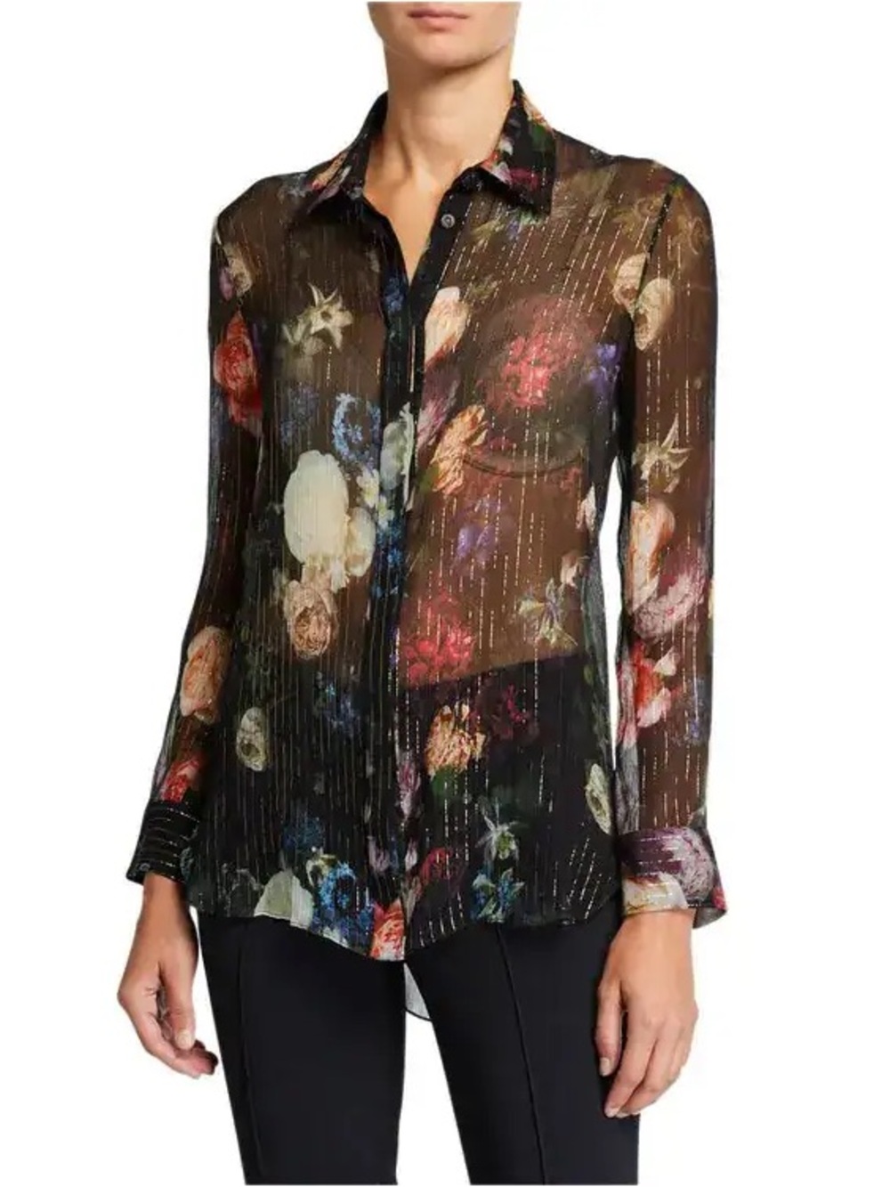 Adam Lippes Silk Chiffon Floral Print Top with Metallic Stripes. Size 8